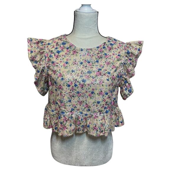 Zara Floral Sequin Ruffle Sleeve Crop Top Size Small - Picture 1 of 12